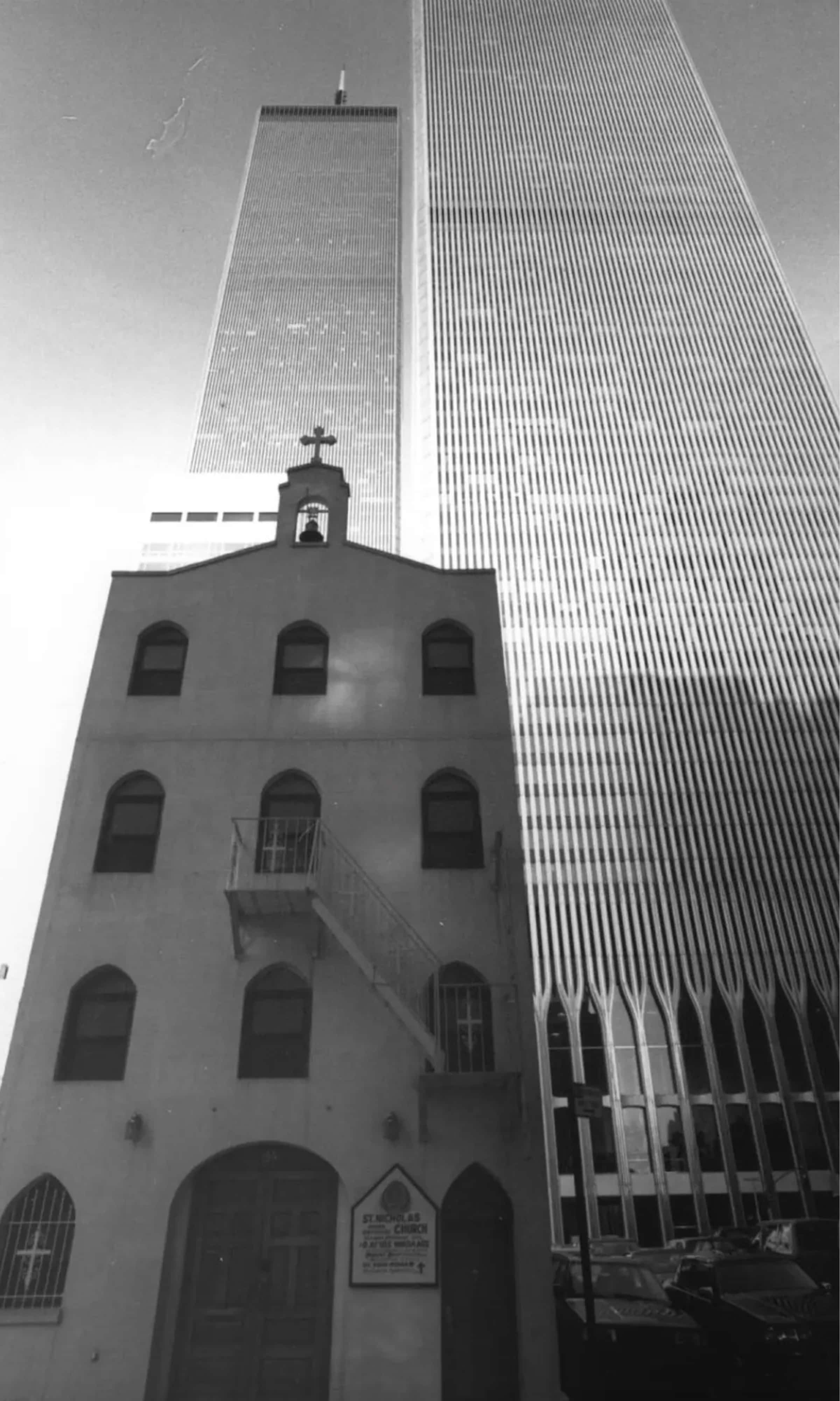 Former Saint Nicholas Greek Orthodox Church and the original World Trade Center buildings
